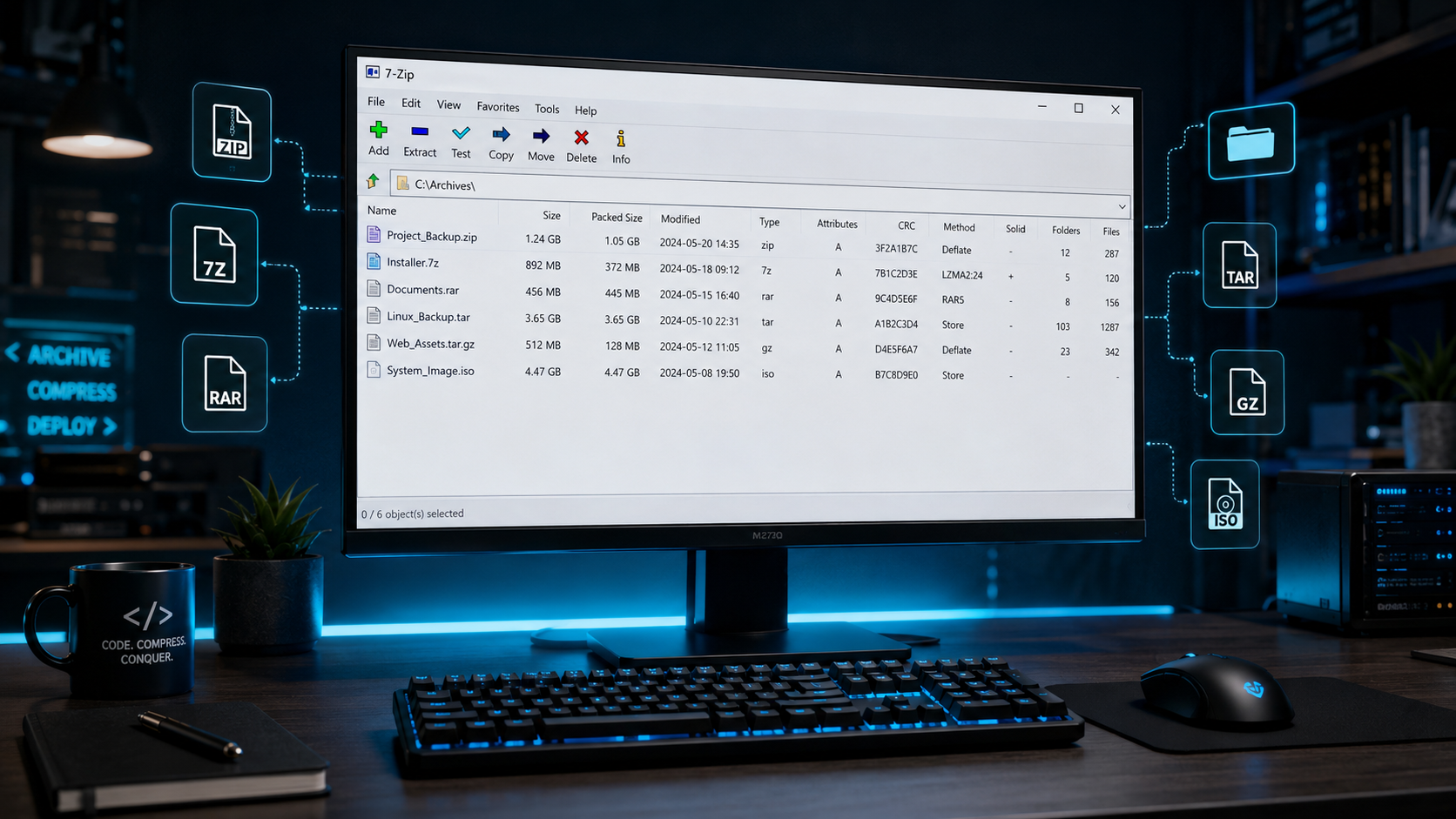 7-Zip 2026 — phần mềm nén và giải nén file mã nguồn mở phổ biến nhất Việt Nam: tỉ lệ nén LZMA2 cao nhất, hỗ trợ ZIP RAR 7z TAR ISO, miễn phí 100% GPL, lightweight chỉ 2-3 MB cài đặt — thay thế WinRAR có phí cho dev và office worker.