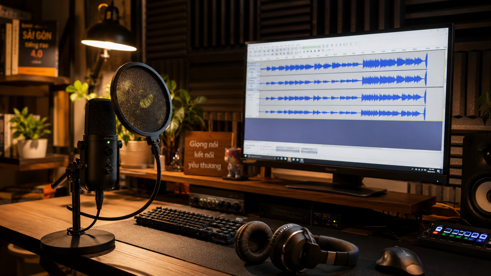 Home studio podcaster Việt Nam 2026 dùng Audacity audio editor mã nguồn mở: 100 triệu downloads từ 2000 (24 năm phát triển), maintain bởi Muse Group, micro USB Blue Yeti hoặc XLR Shure SM7B qua interface Focusrite, headphones Audio-Technica, tấm acoustic foam.