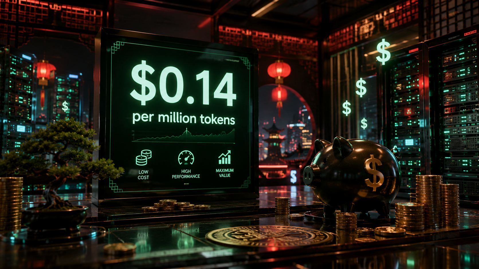 Hình minh họa server room phong cách châu Á cho DeepSeek V4 chính thức GA: giá 0,14 USD mỗi triệu token đầu vào — mức rẻ nhất trong tier hiệu năng cao, SLA 99,5%, rate limit lên 10 triệu token mỗi phút cho gói enterprise.