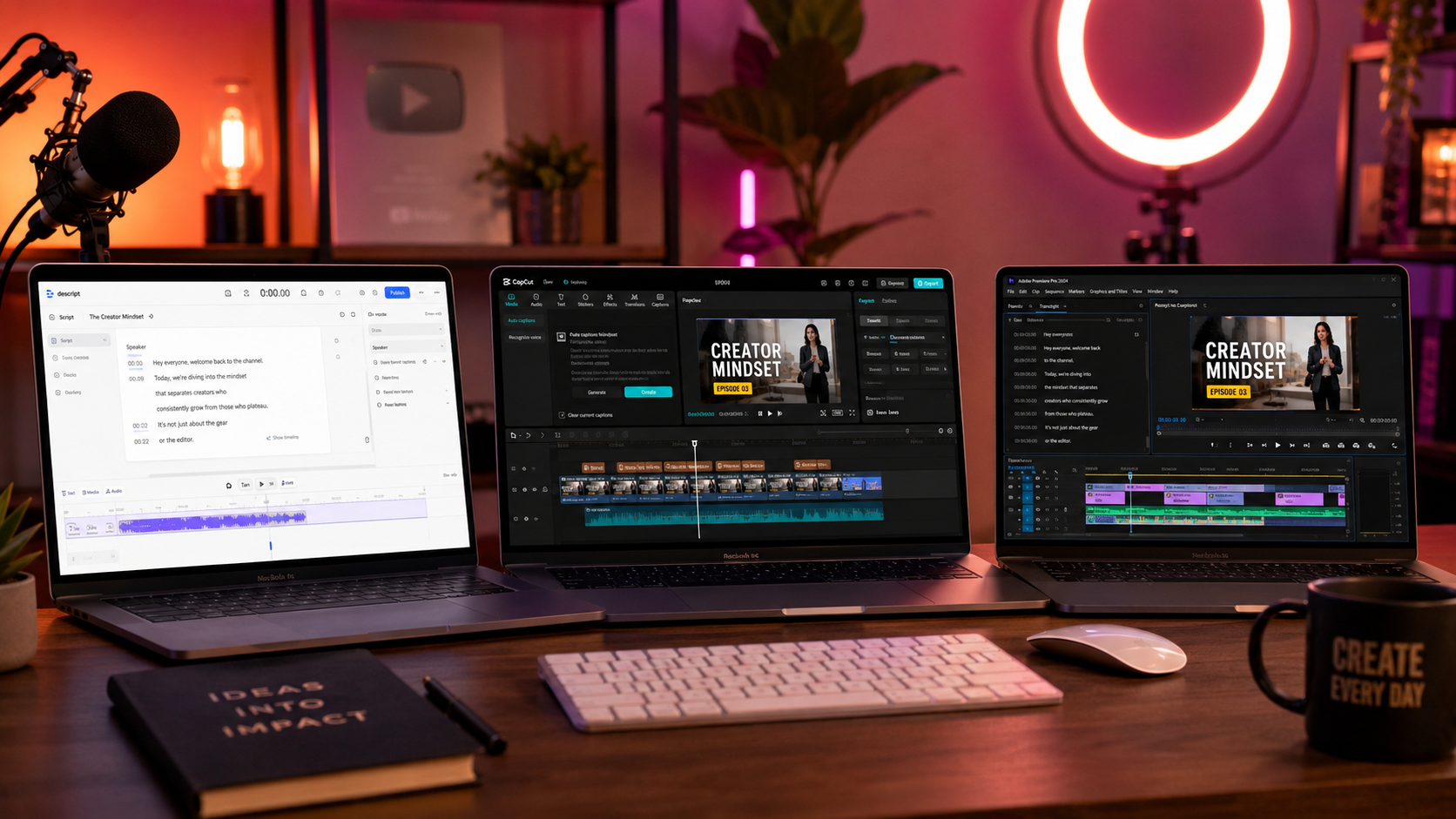 So sánh 3 tool edit video AI 2026 cho creator Việt Nam Descript CapCut Premiere Pro: Descript phù hợp podcast + tutorial edit như Word document, CapCut vua short-form TikTok Reels Shorts, Premiere Pro AI long-form chuyên nghiệp với Generative Extend.