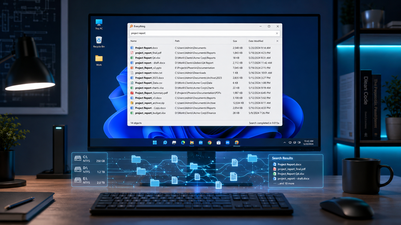 Everything 2026 — utility tìm kiếm file Windows cực nhanh, index toàn bộ NTFS drive trong 5-10 giây cài đặt đầu tiên: search 1 triệu file dưới 100ms, regex và filter mạnh, miễn phí 100% bởi Voidtools — must-have cho dev và office worker xử lý nhiều file.