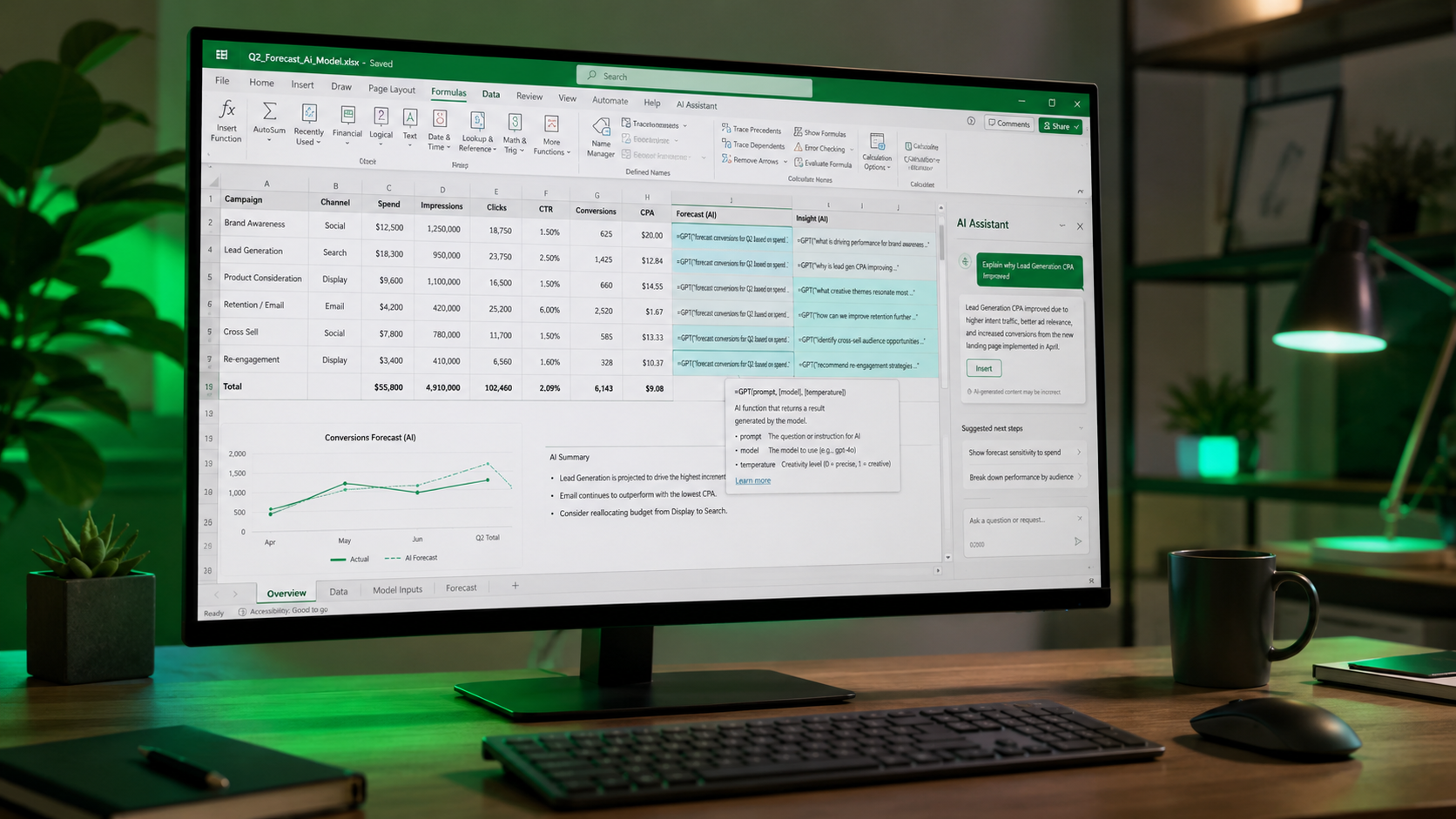 10 công thức Excel kết hợp AI 2026 cho người làm văn phòng VN: GPT() summarize cells, AI.TRANSLATE() dịch ngôn ngữ, AI.CLASSIFY() phân loại data, AI.EXTRACT() lấy entity, AI.SENTIMENT() phân tích cảm xúc — tiết kiệm 5-10 giờ mỗi tuần xử lý spreadsheet.