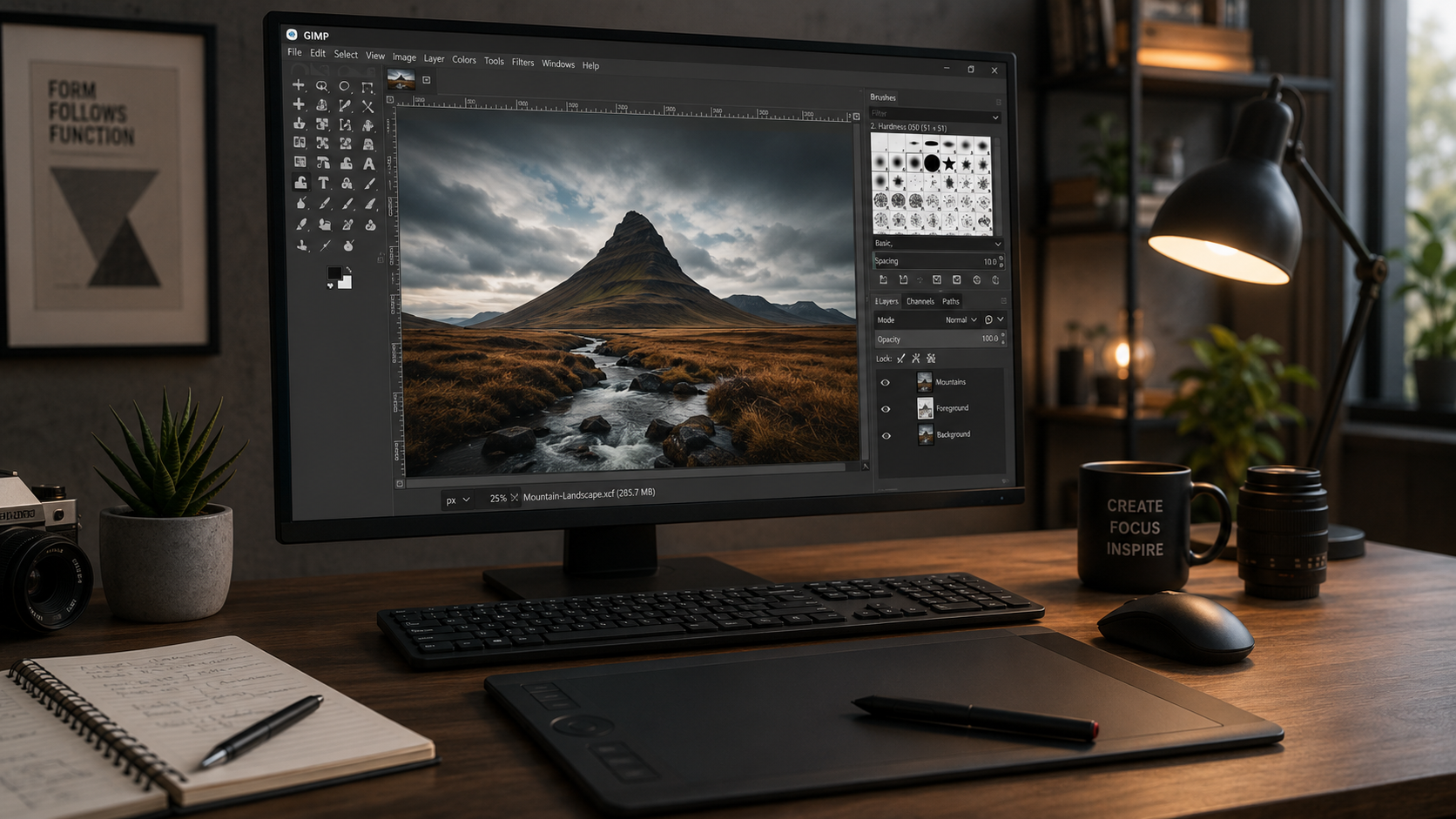 GIMP 2026 — phần mềm chỉnh sửa ảnh mã nguồn mở thay Photoshop cho 80% workflow: layers mask filter brush effect đầy đủ, plugin Python script extension, hỗ trợ PSD AI EPS, cross-platform Windows Mac Linux, miễn phí GPL 25 năm — đủ cho designer freelancer Việt Nam.