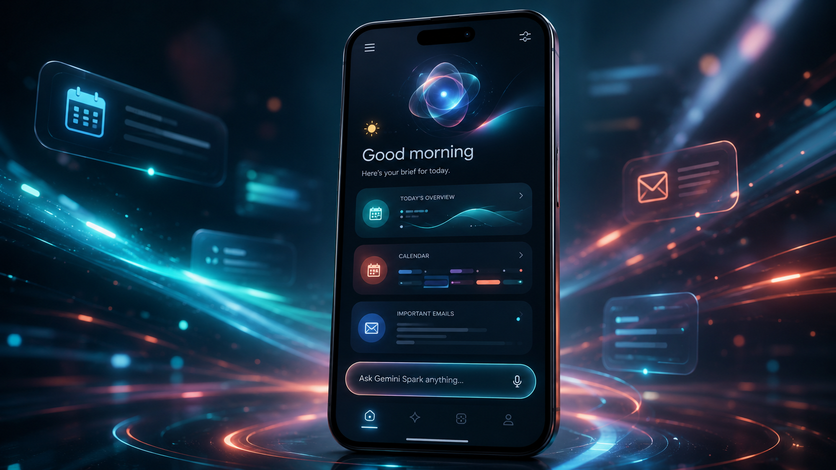 Giao diện Neural Expressive mới của Google Gemini 2026 với hiệu ứng chuyển động mượt mà, màu sắc gradient rực rỡ và Gemini Spark AI agent chủ động tổng hợp lịch email và task mỗi sáng