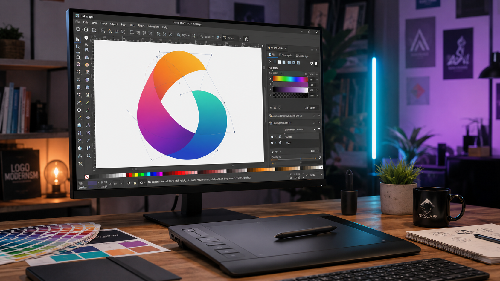 Workspace designer Việt Nam 2026 dùng Inkscape vector editor mã nguồn mở: 20 năm phát triển từ 2003, SVG native chuẩn W3C, import AI EPS PDF từ Adobe Illustrator, free GPL, cross-platform Windows Mac Linux, wacom tablet stylus và monitor design.
