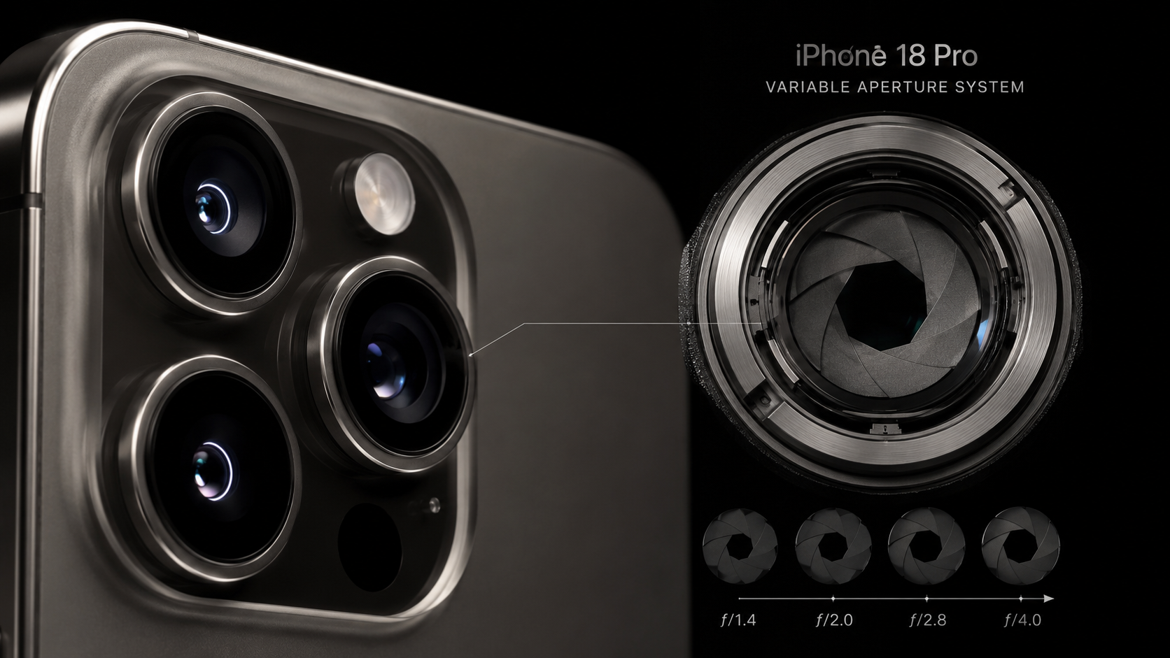 Camera variable aperture iPhone 18 Pro 2026 điều chỉnh khẩu độ thủ công lần đầu trên iPhone: dải f/1.4 tới f/16 thay cho khẩu cố định f/1.78, cảm biến chính 48 MP Sony 5 lớp, hỗ trợ control depth of field trong chế độ Photographic Style.