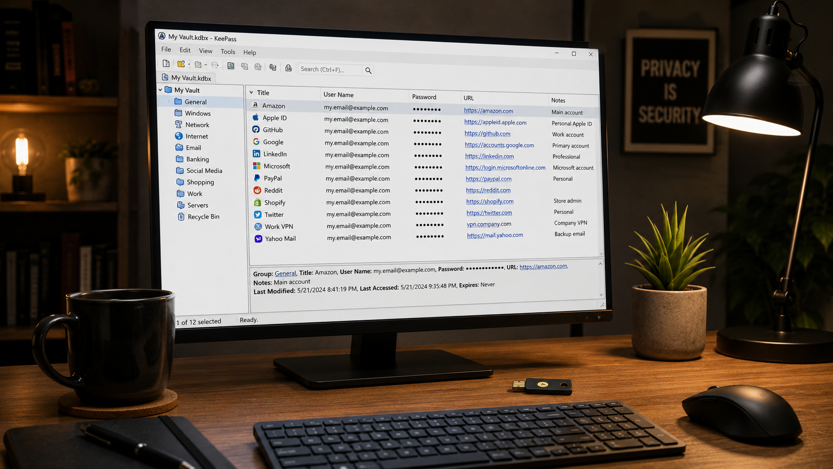 KeePass 2026 — password manager offline 100% cho privacy maximalist: vault lưu local file .kdbx mã hóa AES-256, không sync cloud, plugin ecosystem mạnh, cross-platform qua KeePassXC, miễn phí GPL — lựa chọn cho dev quan tâm độc lập khỏi cloud provider.