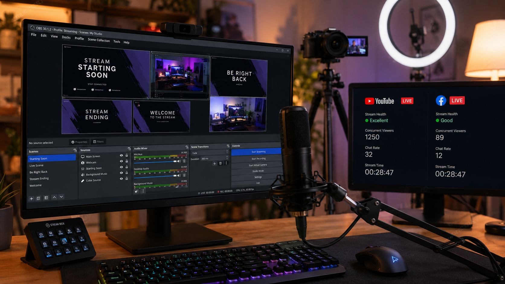 Livestream YouTube Facebook đồng thời 2026 qua OBS Studio cho creator VN: setup multi-output với plugin Aitum hoặc Restream, multi-scene cho intro/main/outro, chất lượng 1080p60 ổn định 5-10 Mbps upload, monitor chat 2 nền tảng cùng lúc.