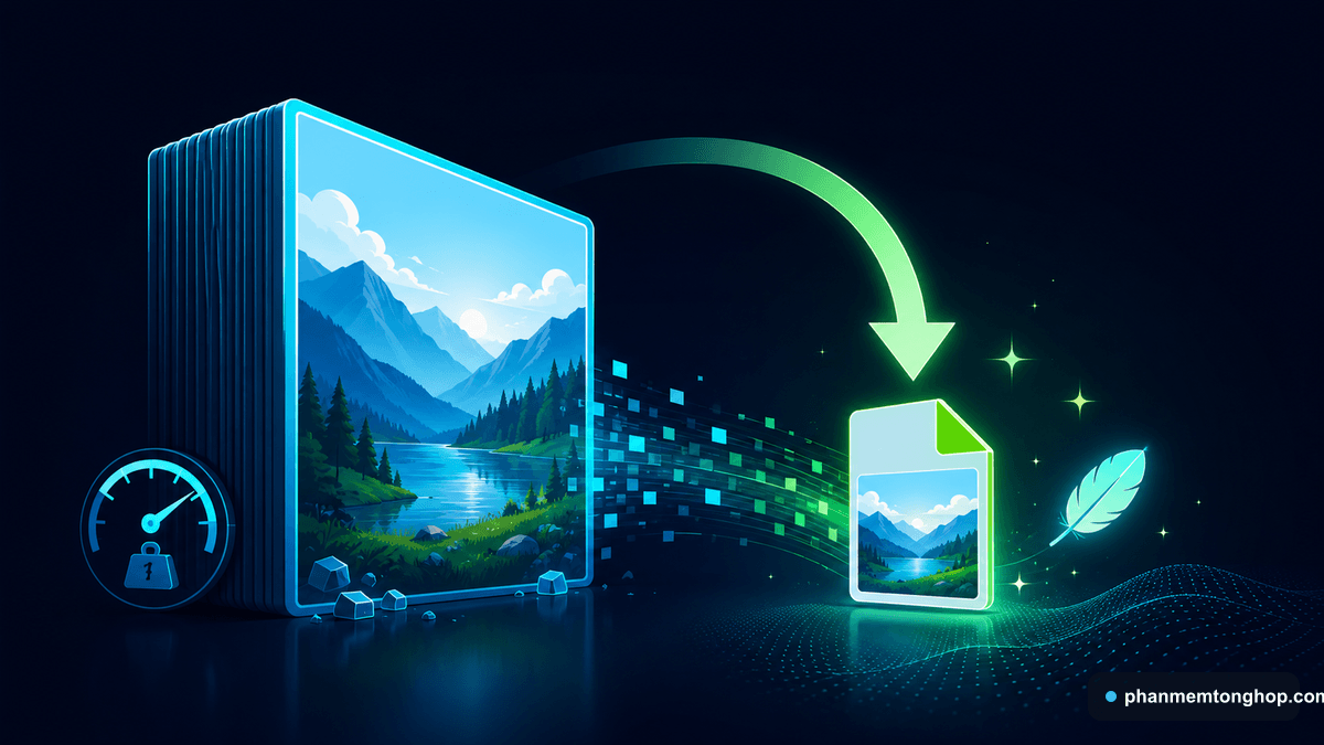 Minh họa nén ảnh online miễn phí 2026: một ảnh dung lượng nặng được giảm xuống nhẹ với định dạng WebP và AVIF, giữ nguyên chất lượng, giúp tăng tốc độ tải trang và cải thiện SEO.