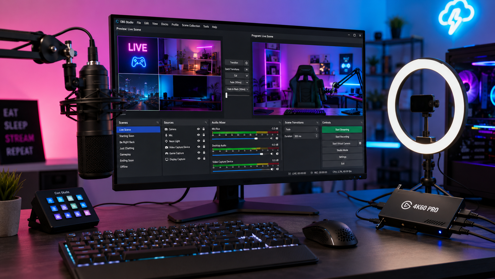 OBS Studio 2026 — phần mềm livestream và screen recorder mã nguồn mở chuẩn vàng: hỗ trợ multi-scene multi-source, plugin ecosystem mạnh, output 4K60 cho YouTube Twitch Facebook Live, miễn phí 100% — sự lựa chọn số 1 của 90% creator VN.
