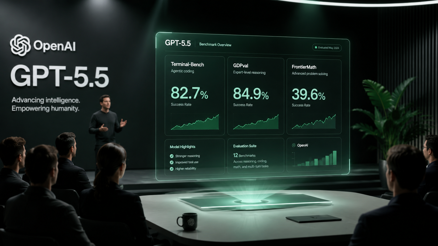 OpenAI ra mắt GPT-5.5 ngày 23/04/2026 cho ChatGPT Plus Pro Business Enterprise: đạt SOTA 14 benchmark Terminal-Bench 82,7%, GDPval 84,9%, FrontierMath Tier 4 39,6%, giá API 5 USD mỗi triệu token đầu vào tăng 2 lần so với GPT-5.4, Codex nâng lên 400K context.