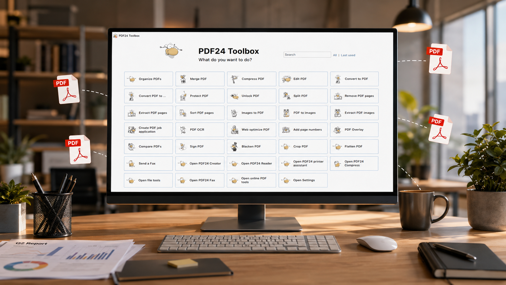PDF24 Creator 2026 — bộ công cụ PDF tất cả trong 1 miễn phí 100%: merge tách trang, compress giảm dung lượng, OCR scan thành text searchable, convert sang Word Excel JPG, sign chữ ký số — desktop app Windows + web version cho mọi nhu cầu xử lý PDF.