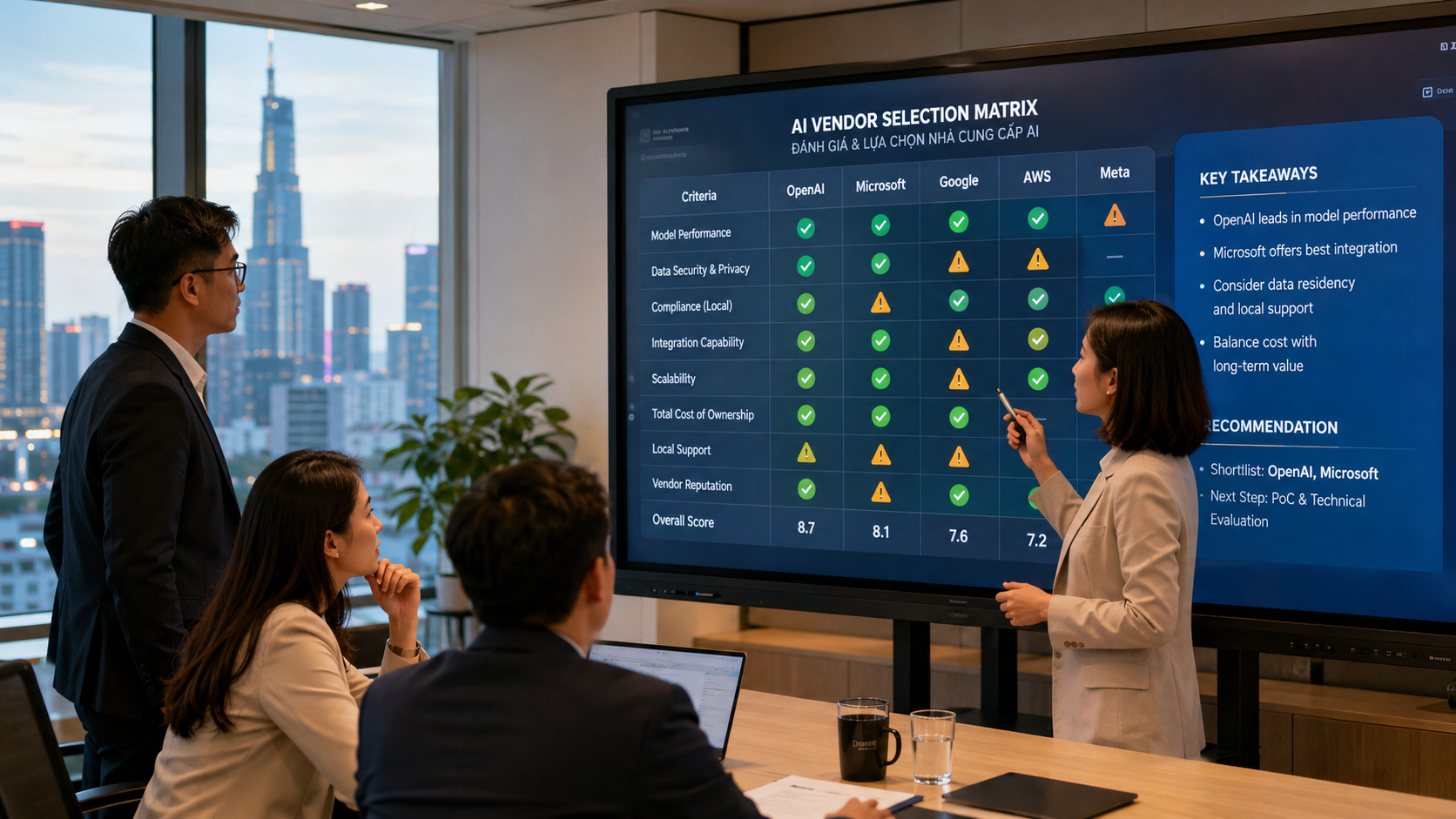 Checklist 7 điểm chọn AI vendor cho doanh nghiệp Việt Nam 2026 ngành nhạy cảm banking healthcare education government: nhóm chuyên gia VN đang phân tích bảng so sánh nhà cung cấp AI trên màn hình lớn, bao phủ AUP version date data residency rate limit SLA.