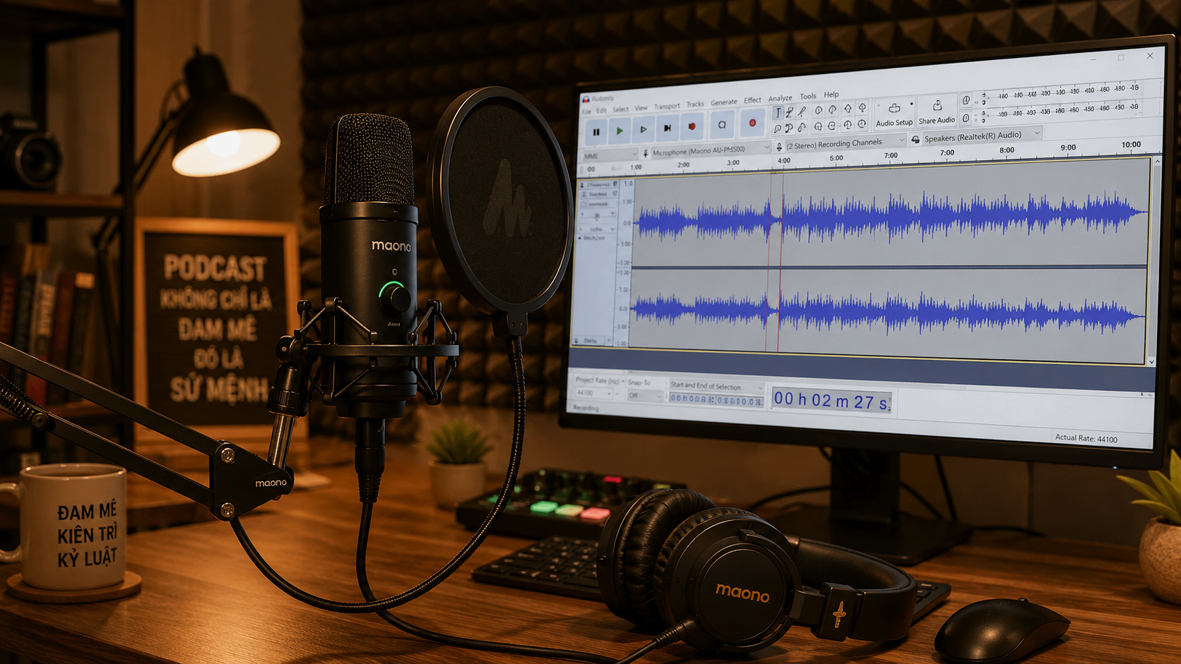 Setup podcast 2026 cho người mới bắt đầu Việt Nam: mic USB Maono PD200X 80 USD hoặc XLR Audio-Technica AT2020 130 USD + interface, headphones, soundproof foam đơn giản, Audacity edit miễn phí, distribute qua Spotify Anchor Apple Podcasts — đầu tư 200-400 USD đã đủ chất lượng phát sóng.