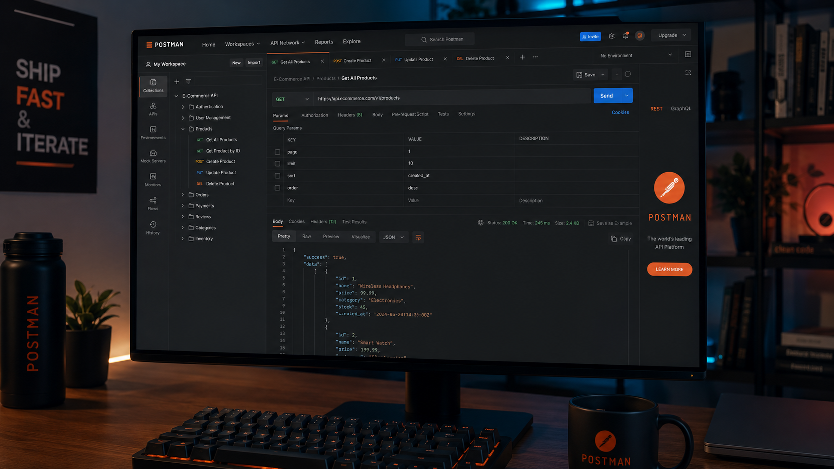 Workspace Postman 2026 API platform toàn diện 35 triệu dev user company định giá 5 tỷ USD: hỗ trợ 5 protocol REST GraphQL gRPC WebSocket SOAP MQTT, free tier 3 collaborator 1000 call mỗi tháng, cross-platform Desktop Web Mobile iOS Android.