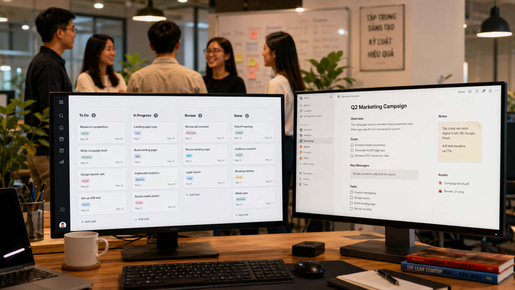 So sánh 3 task management tool cho team nhỏ VN 2026 Notion vs ClickUp vs Motion: Notion linh hoạt note + database + wiki, ClickUp đầy đủ feature từ task đến goal + time tracking, Motion AI auto-schedule công việc — chọn theo workflow chính của team.
