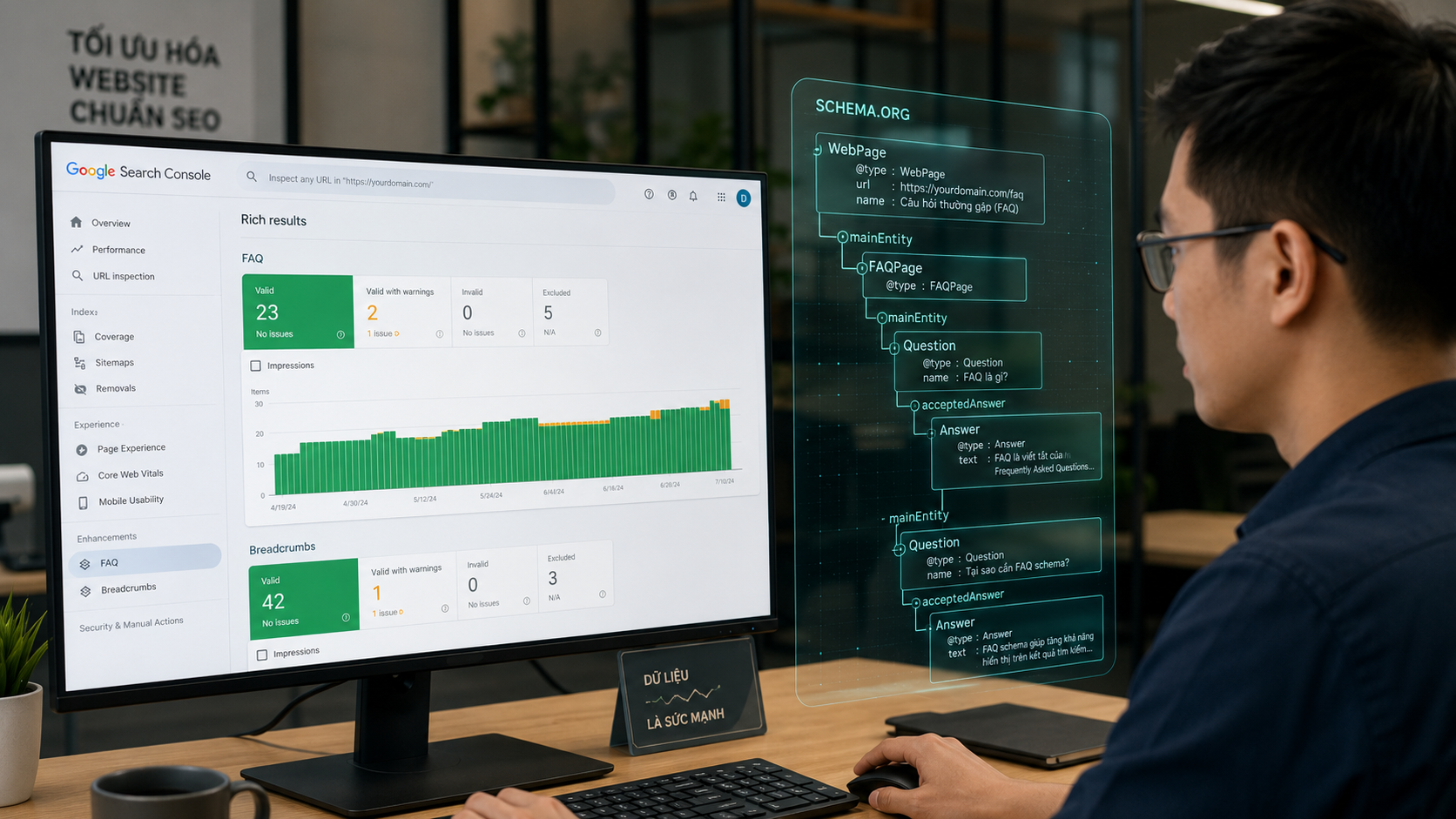 7 loại schema markup đáng triển khai 2026 cho website Việt Nam tăng CTR 20-40%: Article + FAQPage + BreadcrumbList + Organization + Product + LocalBusiness + HowTo, kèm validator Google Rich Results Test, Schema.org Validator và mã mẫu JSON-LD chuẩn.