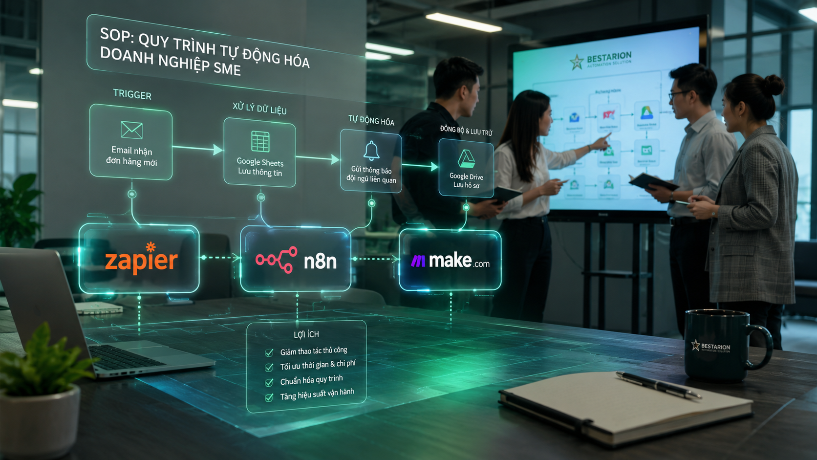 SOP và automation business 2026 cho SME Việt Nam: viết SOP ngắn kèm video Loom + checklist Notion, kết hợp Zapier 7.000 app phổ biến nhất, Make Integromat visual drag-and-drop, n8n open-source self-host unlimited — tiết kiệm 10-20 giờ mỗi tuần.