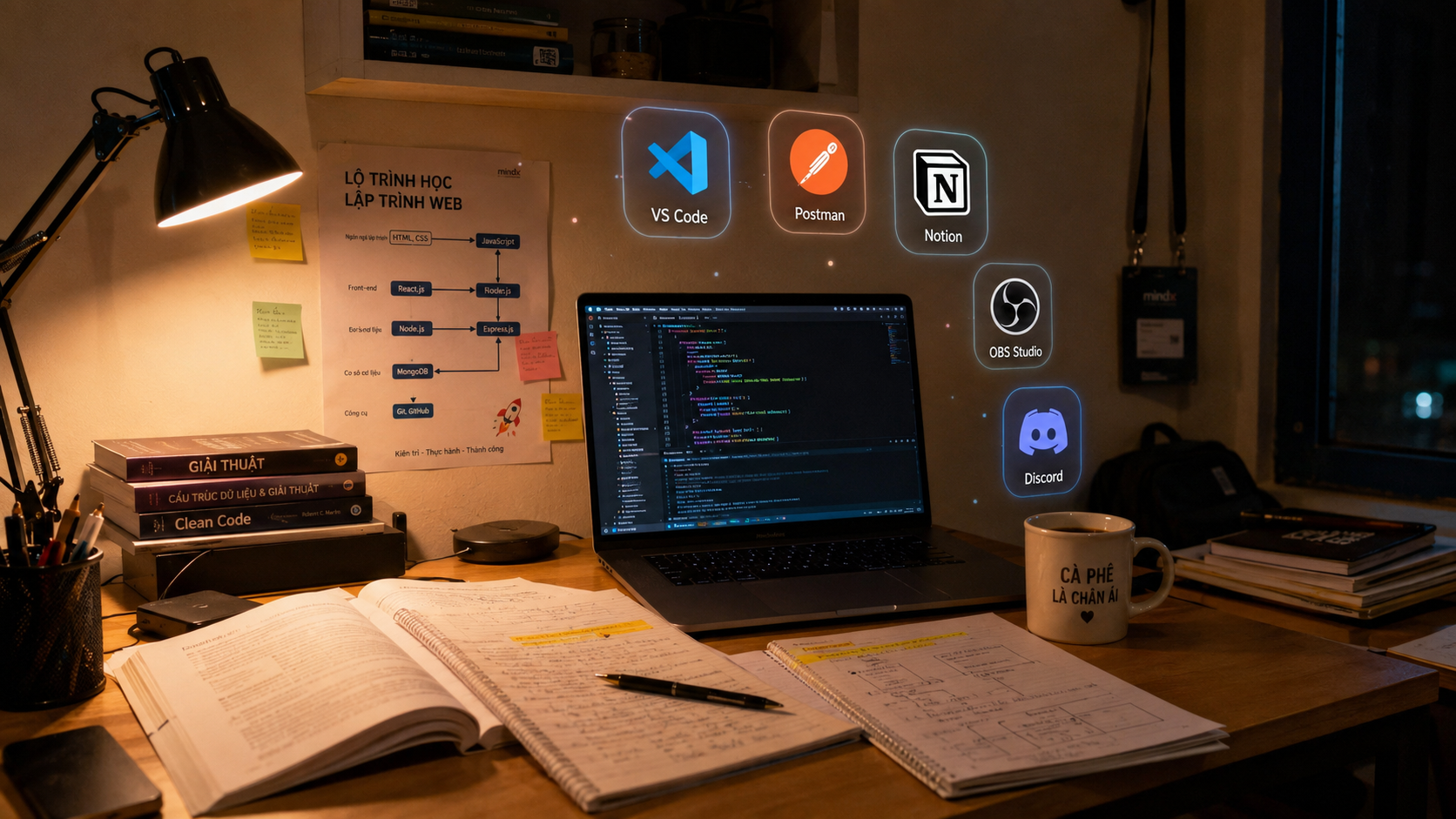 Stack phần mềm sinh viên CNTT Việt Nam 2026 — 20 tool miễn phí đủ 4 năm học đại học: VS Code Postman GitHub Docker MySQL Workbench Figma Notion Obsidian Discord Slack — tiết kiệm hàng nghìn USD subscription mà vẫn đủ để học fullstack web mobile devops.