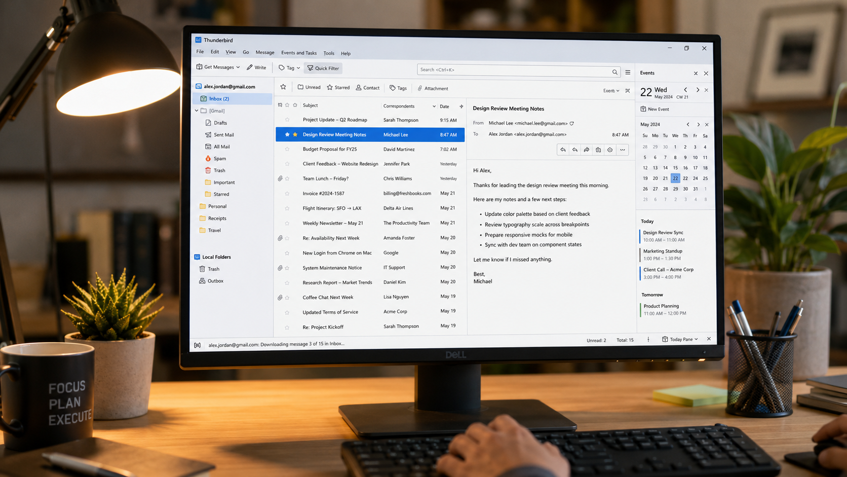 Workspace Thunderbird 2026 email client desktop mã nguồn mở miễn phí thay thế Microsoft Outlook: hỗ trợ Gmail Outlook IMAP POP3 Exchange, calendar tích hợp CalDAV, PGP encryption built-in từ v78, 20 triệu active users toàn cầu, maintain bởi MZLA Mozilla subsidiary từ 2020.