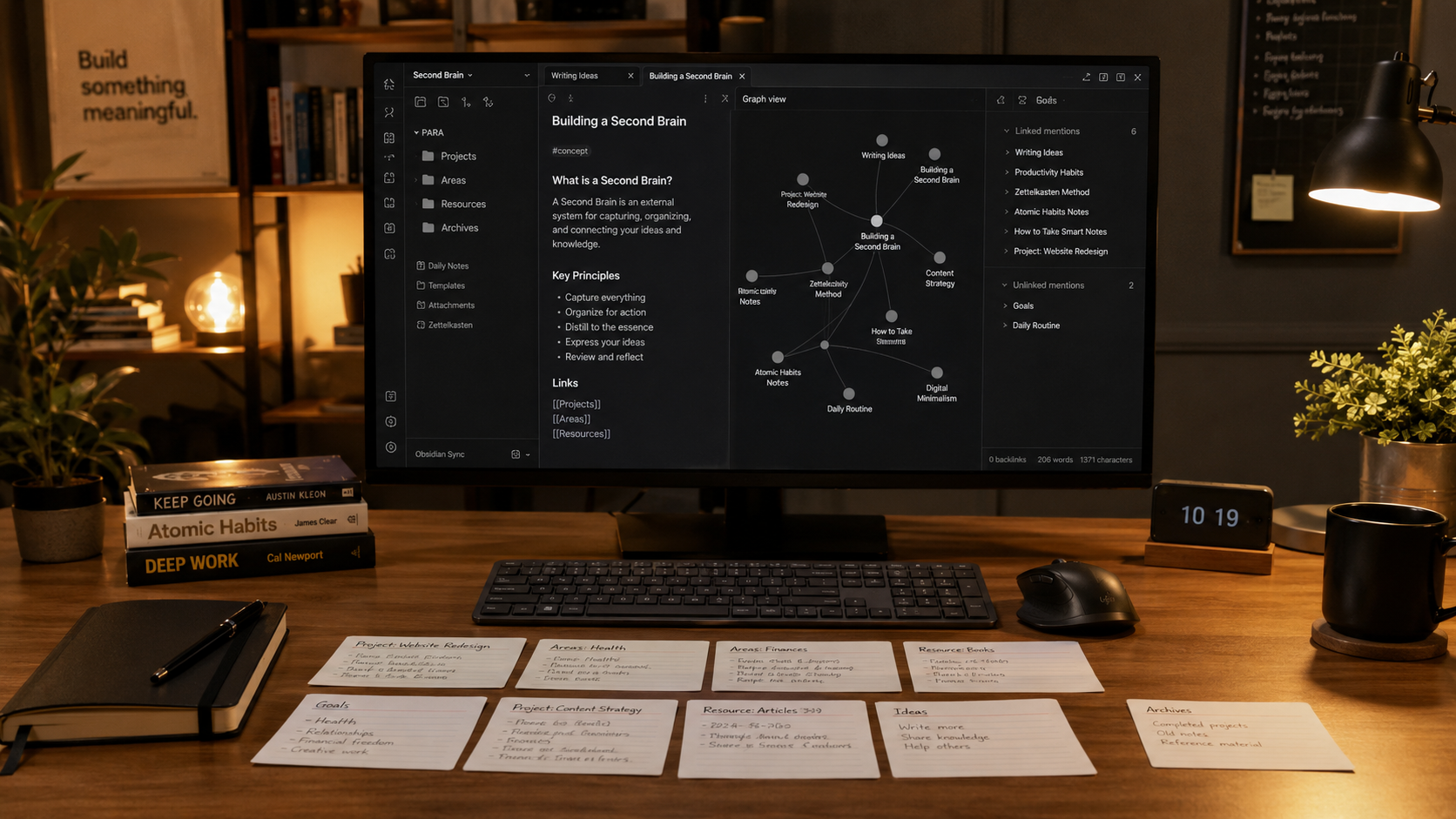 Workflow ghi chú Second Brain với Obsidian 2026 cho knowledge worker Việt Nam: phương pháp PARA Projects Areas Resources Archives, daily note + zettelkasten, graph view kết nối ý tưởng, sync vault qua Git private repo miễn phí — tổ chức kiến thức cá nhân hiệu quả.