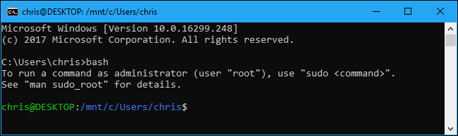 Running "bash" in the Command Prompt will launch your default Linux environment.