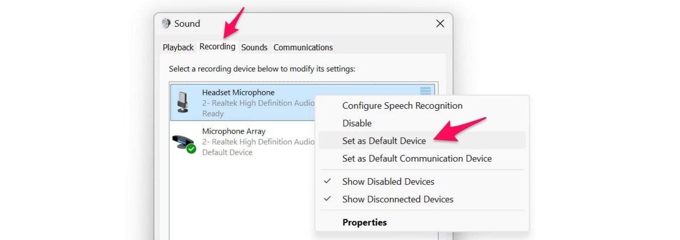 Selecting the desired microphone as default in sound settings on windows 11