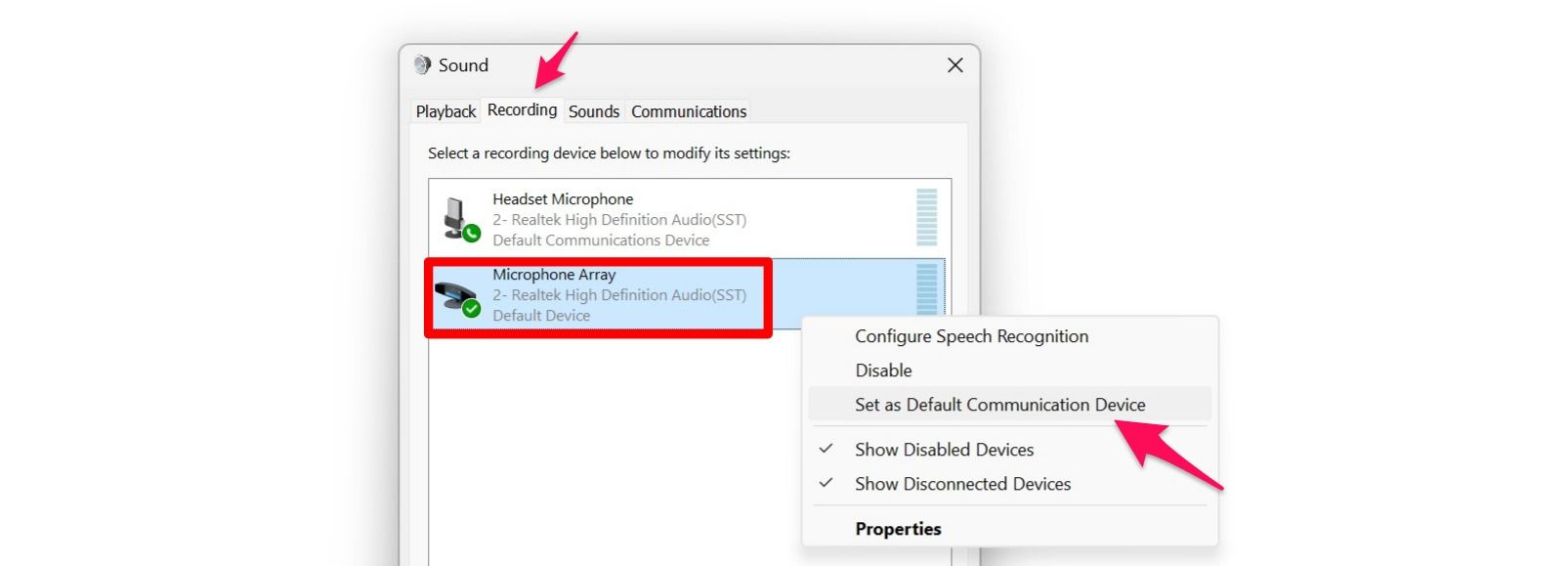 Selecting the primary microphone as default for communications in sound settings on windows 11