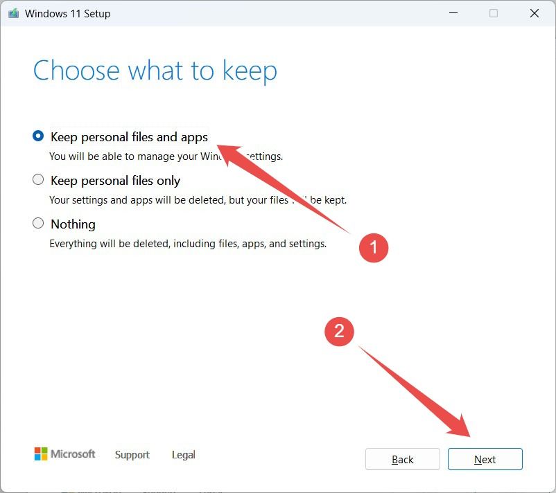 The 'Choose what to keep' screen of Windows 11 Setup