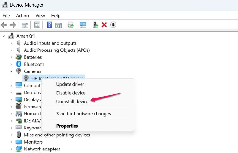 Uninstall device option in the Device Manager