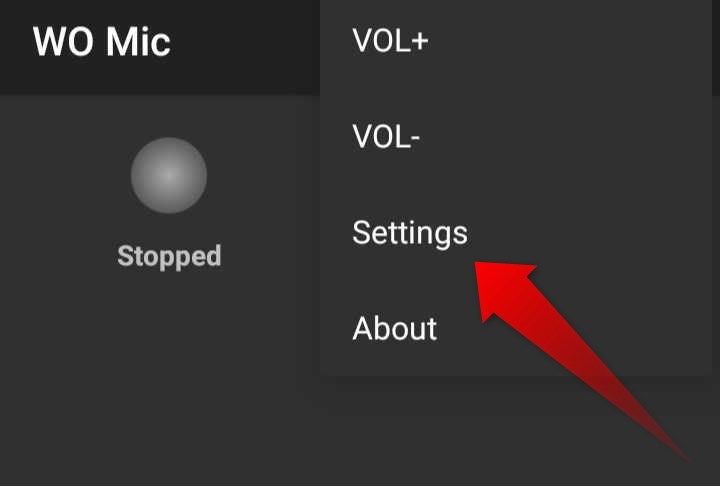 Opening the Settings in the WO Mic Android app.