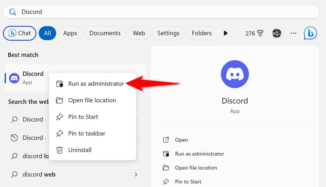 'Run as Administrator' highlighted for Discord in the Start Menu.