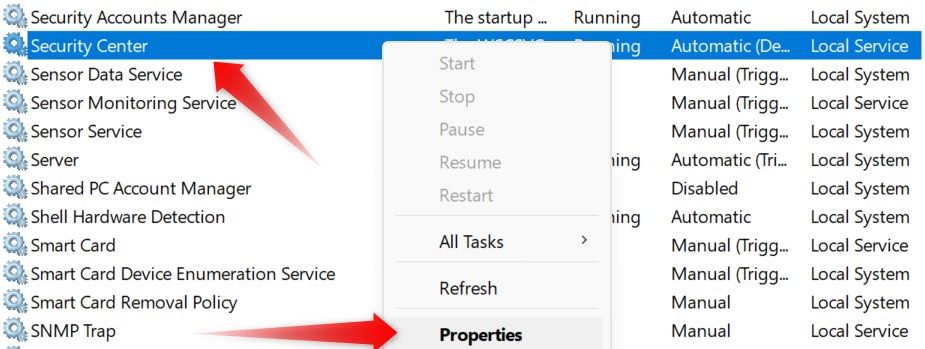 Opening the properties of a service form the services app on Windows.