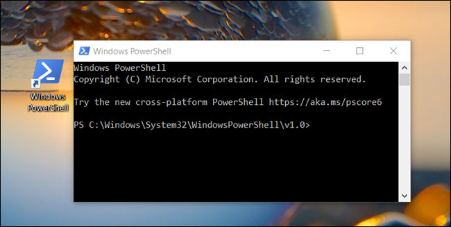 A "Windows PowerShell" window opened from a desktop.