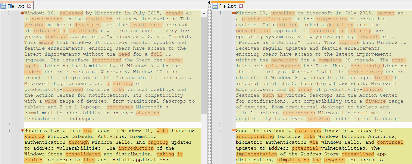The file content differences highlighted in Notepad++.