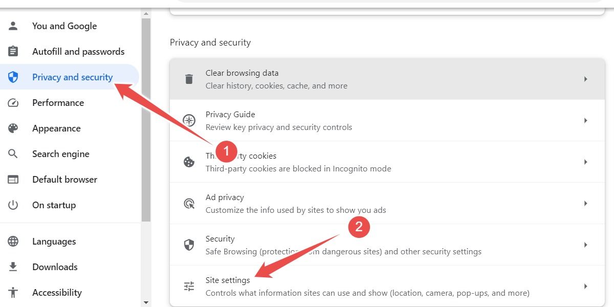 The 'Site Settings' option in the Privacy and Security tab of Google Chrome's settings in Windows 11