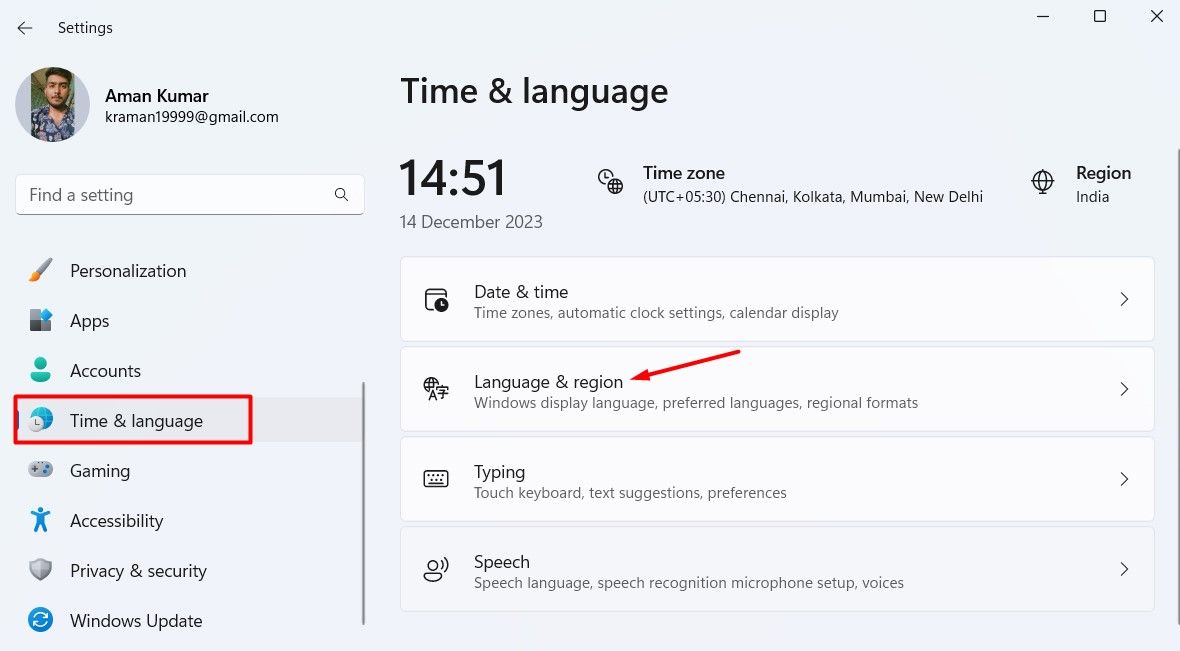 Time & language option in the Settings app