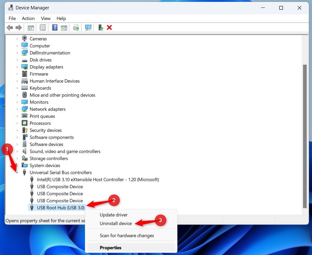 Windows 11 Device Manager window highlighting 'USB Root Hub' right-click menu.