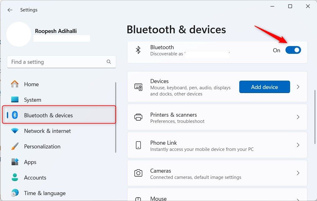 Windows 11 Settings window highlighting 'Bluetooth & devices' and Bluetooth toggle switch.