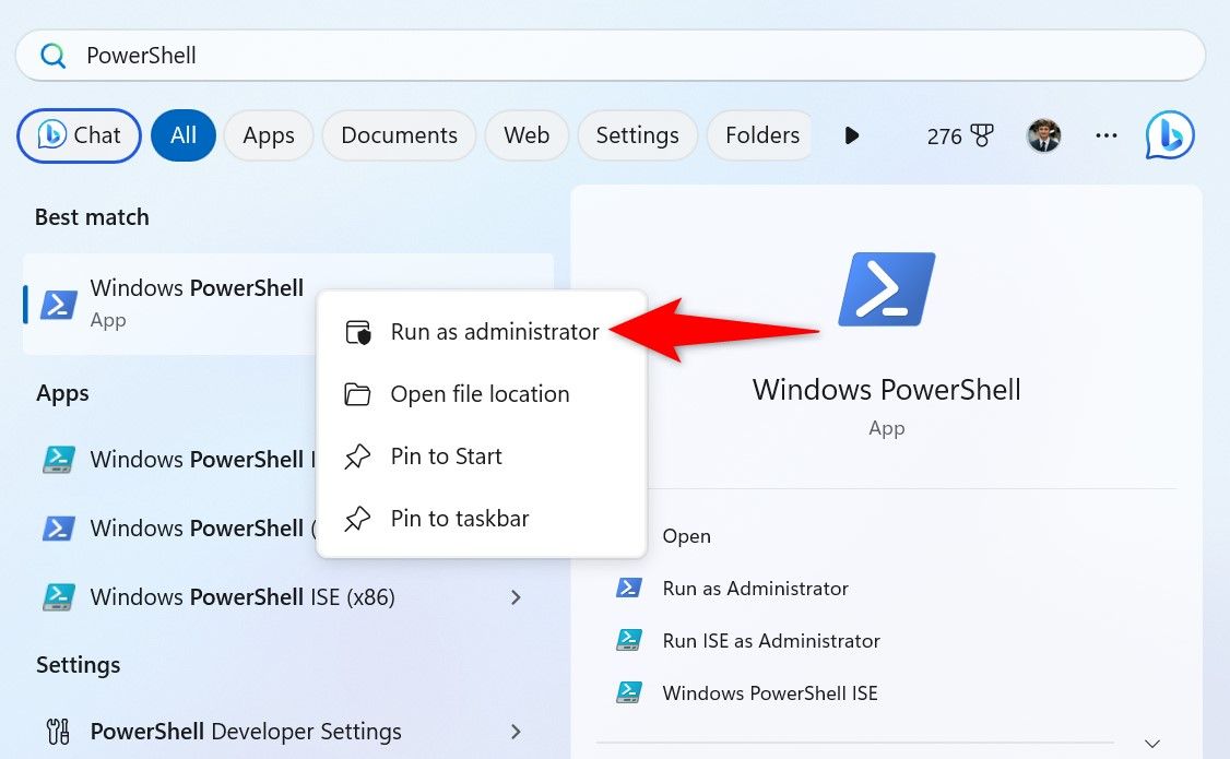 'Run as Administrator' highlighted for PowerShell in the Start Menu.