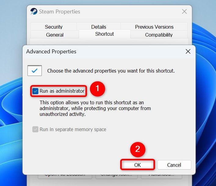 'Run as Administrator' and 'OK' highlighted on the 'Advanced Properties' window.