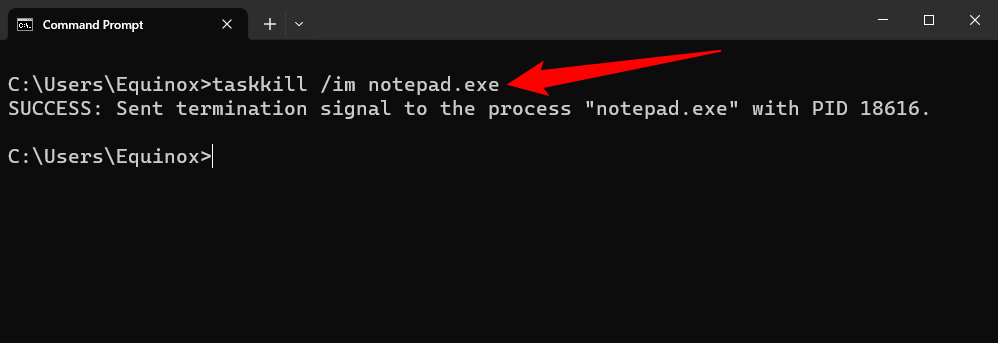 Ending the Notepad process with the taskkill command.