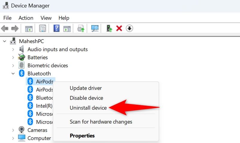 'Uninstall Device' highlighted for a Bluetooth device in Device Manager.