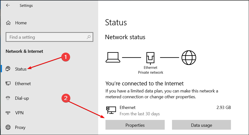 Windows 10 Settings app showing the Network & internet screen.