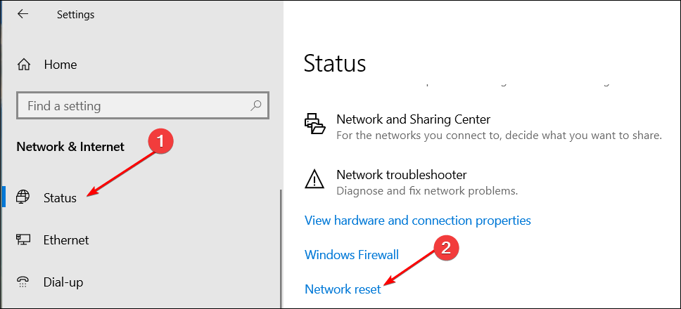 Windows 10 Settings app showing the Network reset option screen.