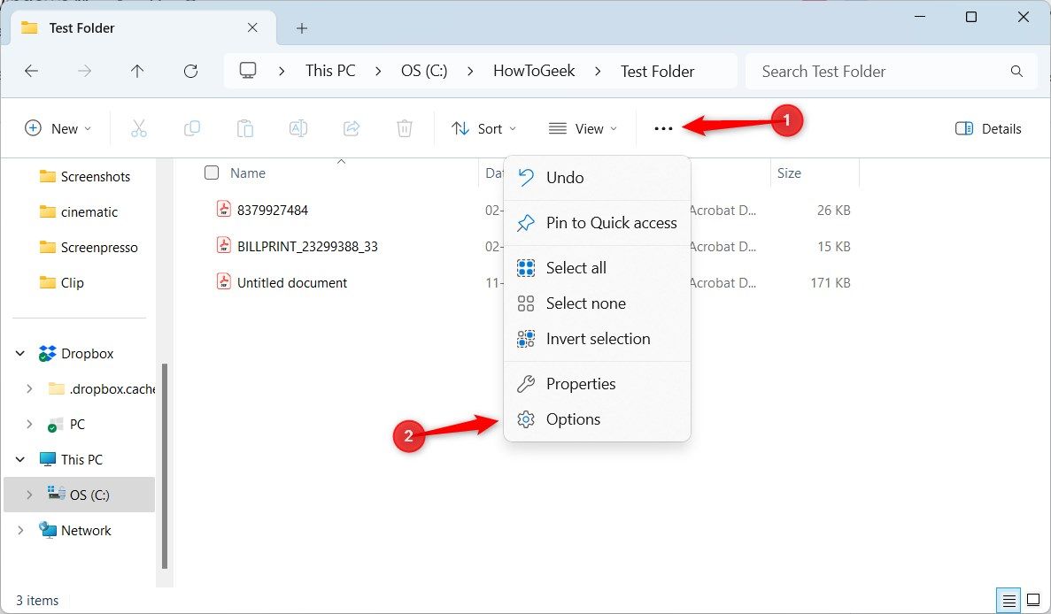 Opening the Folder Options settings in File Explorer.